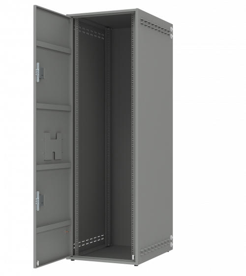 Антивандальный напольный шкаф BASGUARD серого цвета и открытой дверью