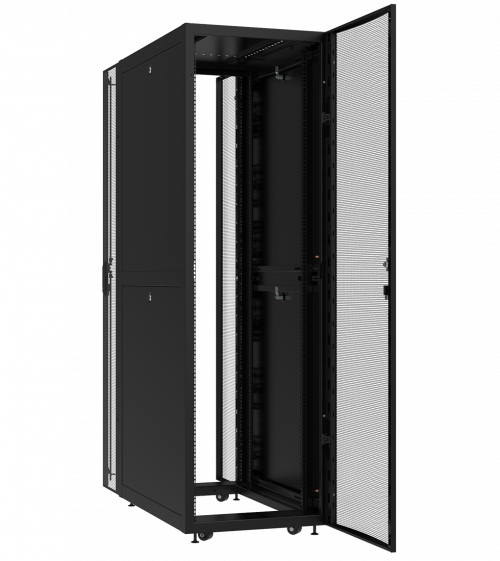 Телекоммуникационный шкаф серии Level 3 SERV черного цвета с открытыми дверьми