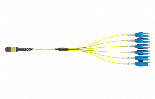 Оптическая претерминированная кабельная сборка Fan-Out 5x LC Duplex - 1x MTP OS2 желтого цвета (вид сверху)
