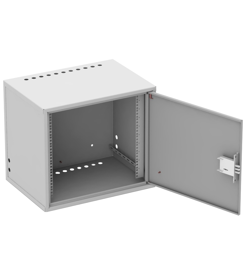 Антивандальный настенный шкаф WALLCAB GUARD PRO серого цвета и открытой дверью