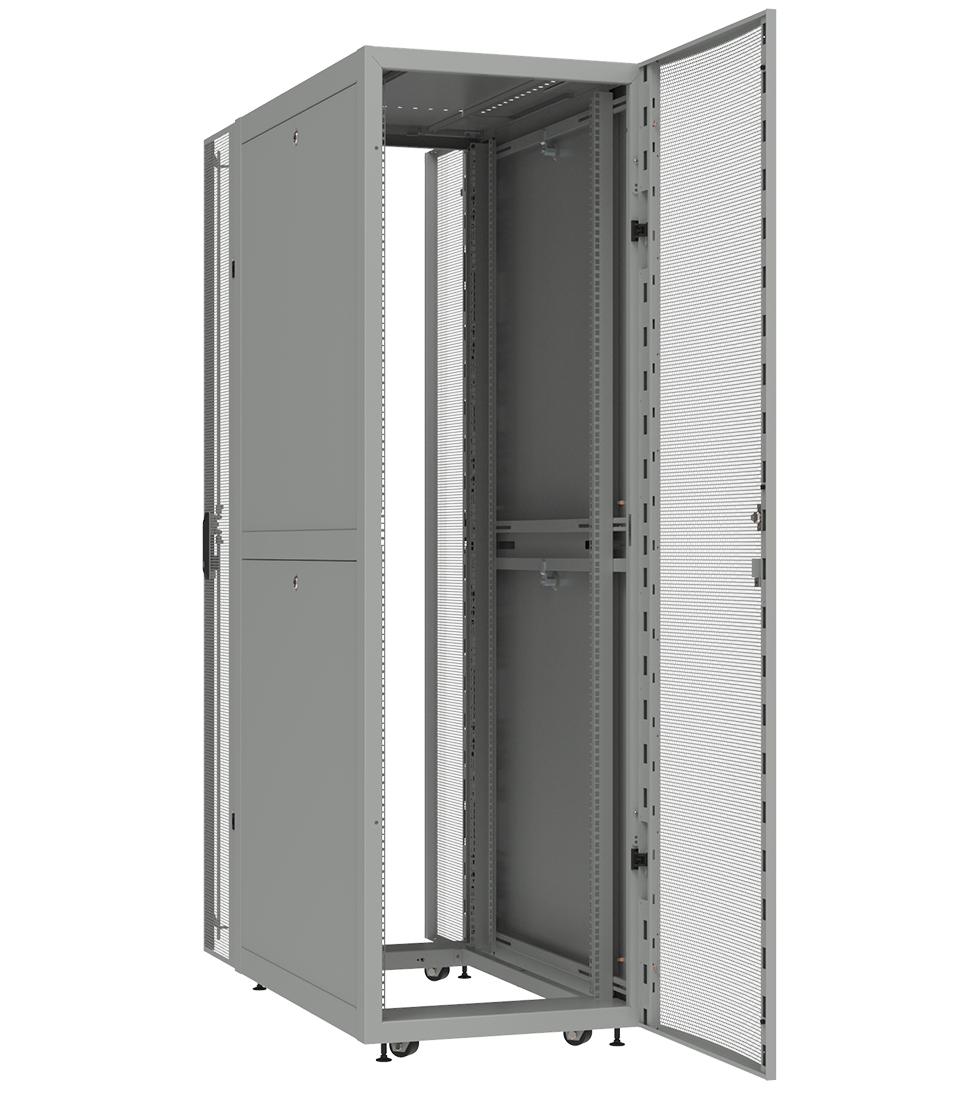 Телекоммуникационный шкаф серии Level 3 SERV серого цвета с открытыми дверьми