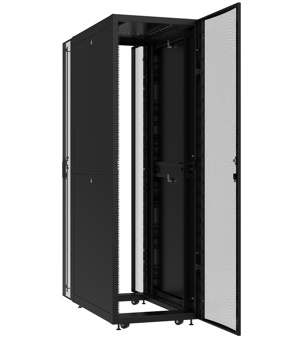 Телекоммуникационный шкаф серии Level 3 SERV черного цвета с открытыми дверьми