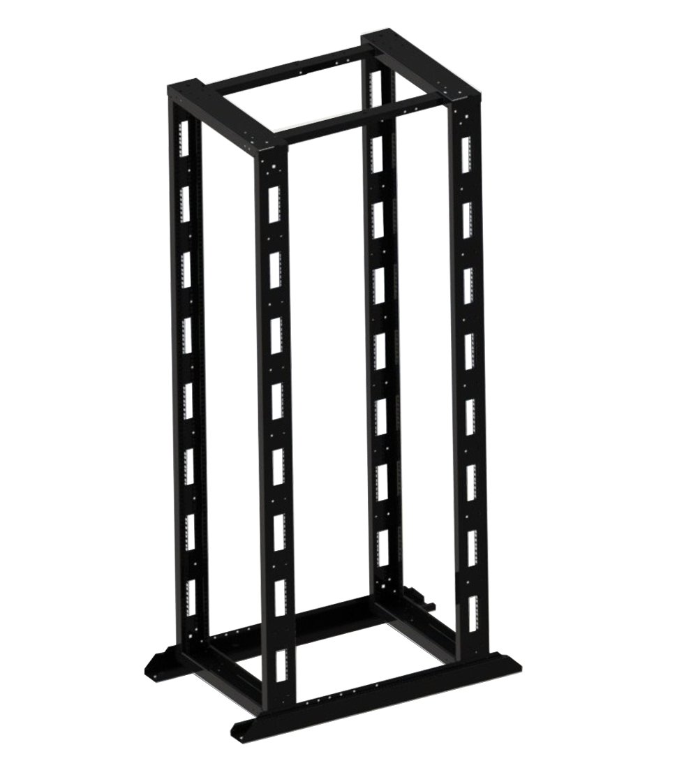 Двухрамная телекоммутационная стойка черного цвета