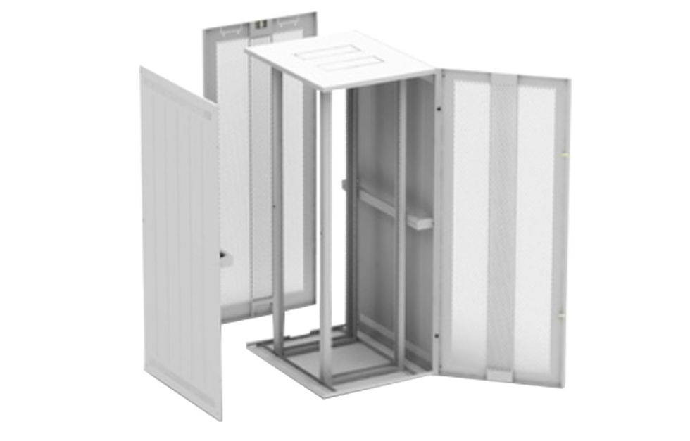 Телекоммуникационный напольный шкаф серии Level 2 серого цвета, со снятыми боковыми панелями