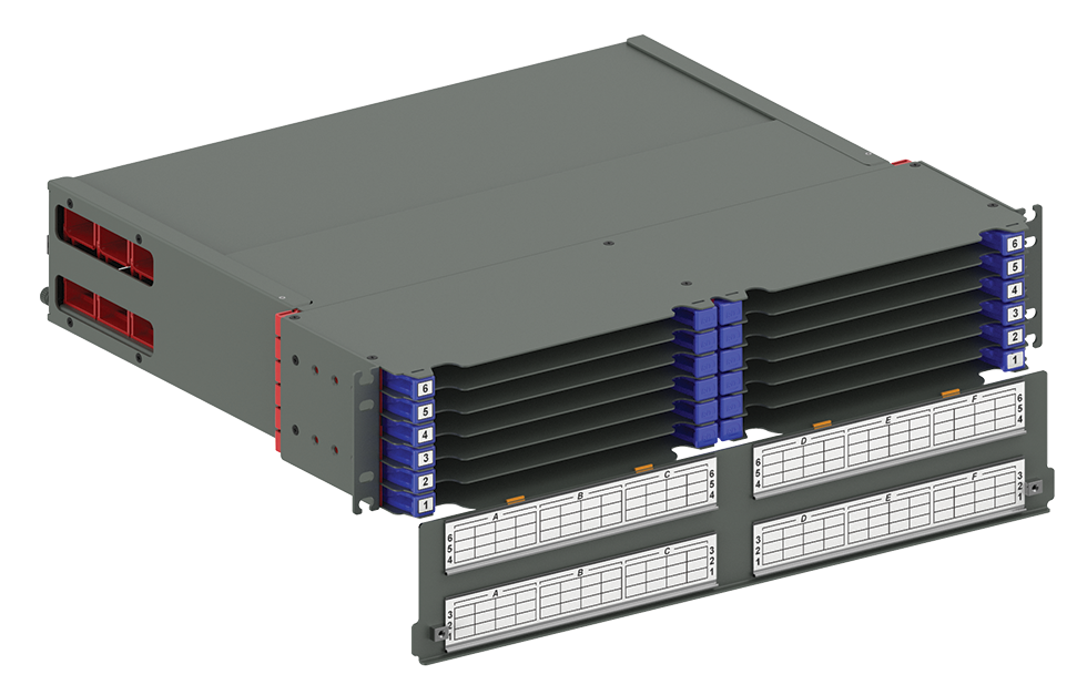 Кассетная оптическая полка UHD на 2U с задним органайзером и быстросъёмным защитным кожухом (вид спереди)