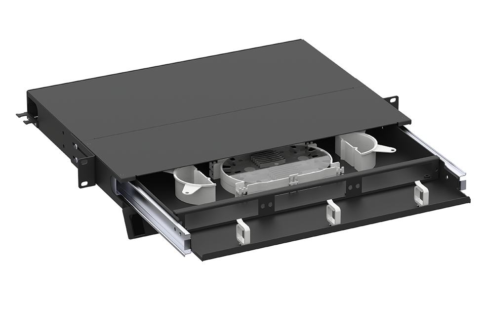 Выдвижная оптическая полка Xligth FOMP 1U с выдвинутым основанием и опущенной лицевой панелью с встроенным органайзером