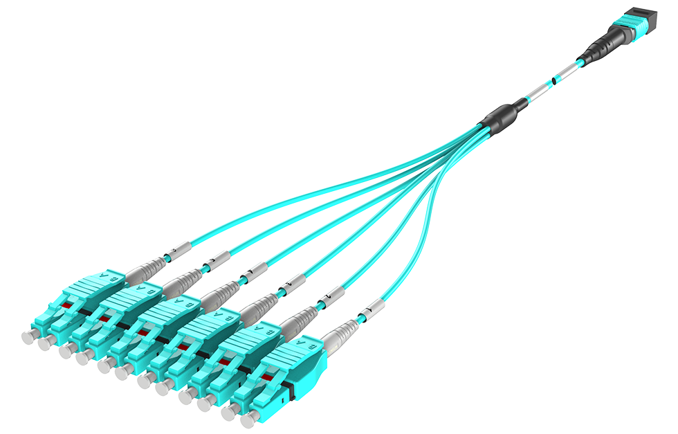 Претерминированный разветвительный шнур Fan-Out 5x LC Duplex - 1x MTP OM4 цвета аква