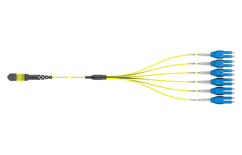 Оптическая претерминированная кабельная сборка Fan-Out 5x LC Duplex - 1x MTP OS2 желтого цвета (вид сверху)