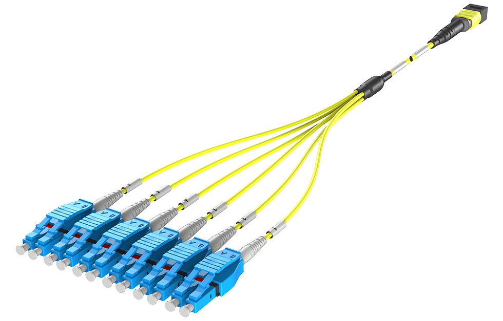 Претерминированный разветвительный шнур Fan-Out 5x LC Duplex - 1x MTP OS2 желтого цвета