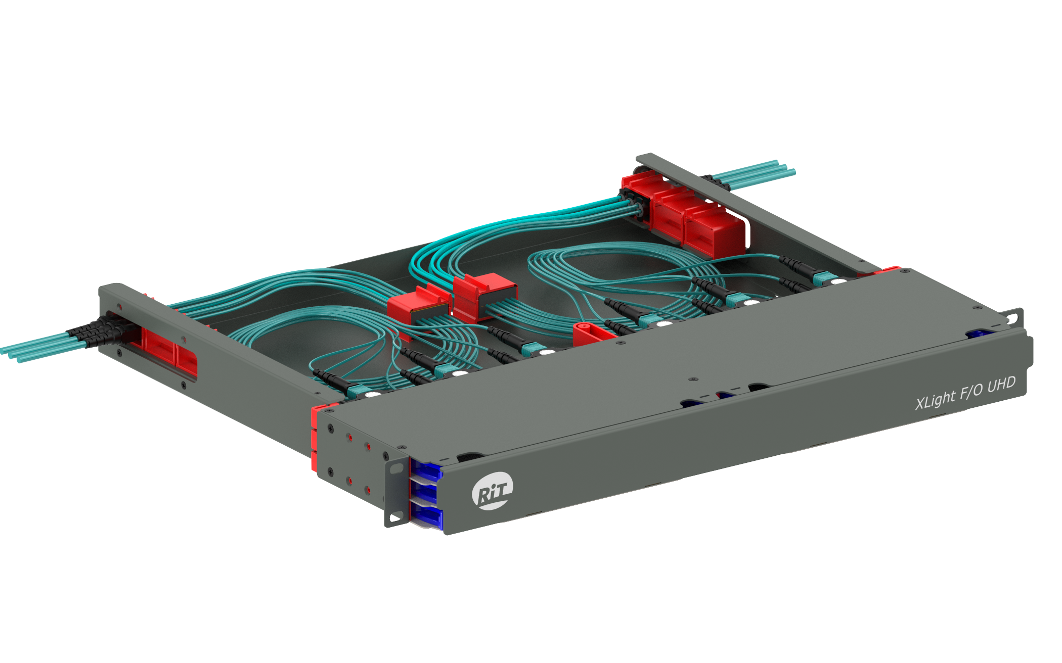 Кассетная оптическая полка на 1U с задним органайзером со снятой крышкой (вид спереди)